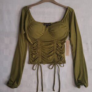 Super Soft Ruched Corset Crop Top Long Balloon Sleeves Open Back Drawstrings MED